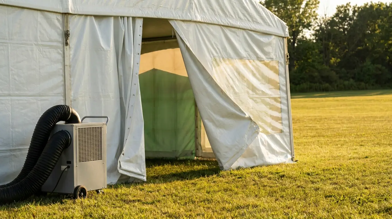 Event tent with portable air conditioner on sunny grassy field