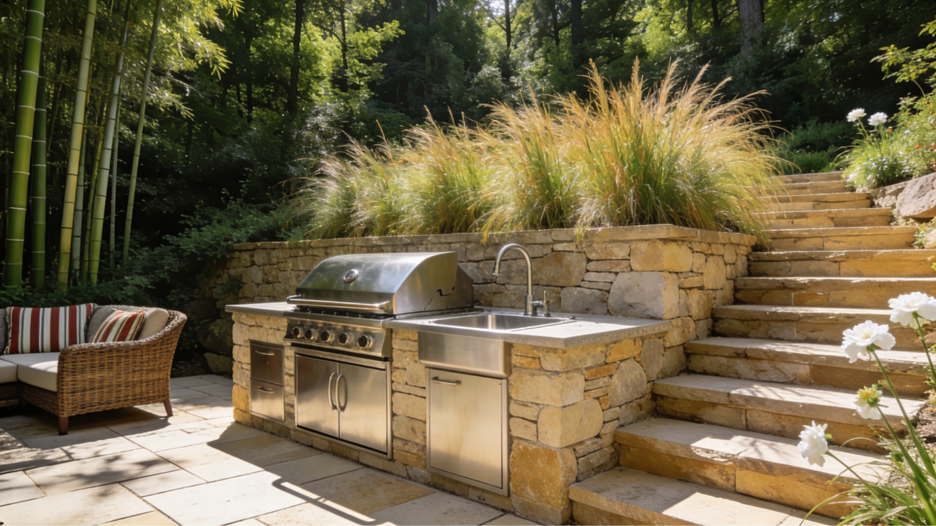 outdoor kitchen base clad in stacked ledgestone veneer with tan and stone tones