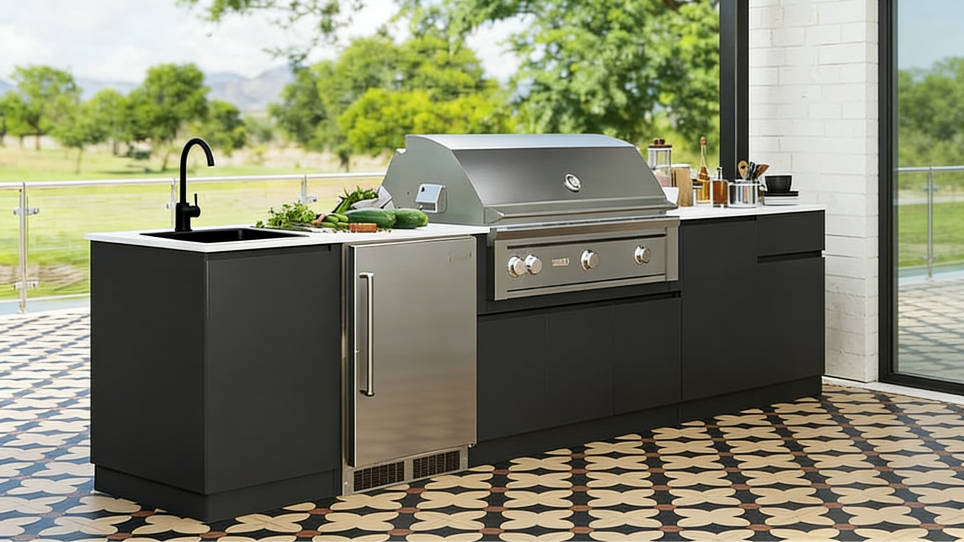 outdoor kitchen counter with a built-in stainless steel sink and undercounter mini fridge