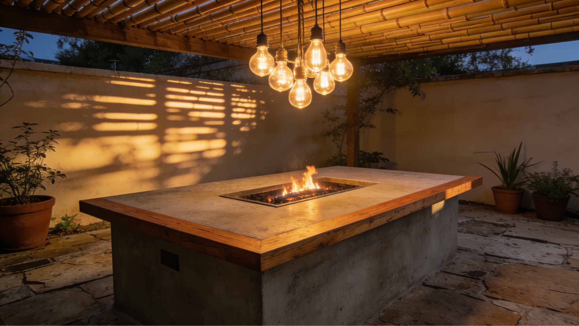 outdoor kitchen island with polished concrete countertop and cinder block base on a patio