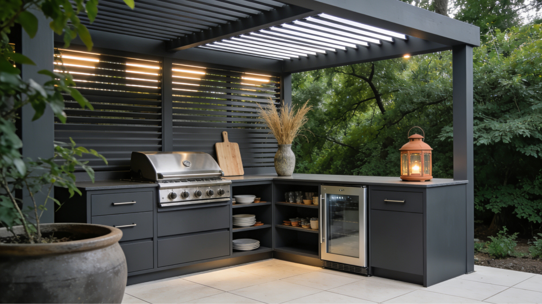 outdoor kitchen with built-in grill under a wood pergola with string lights