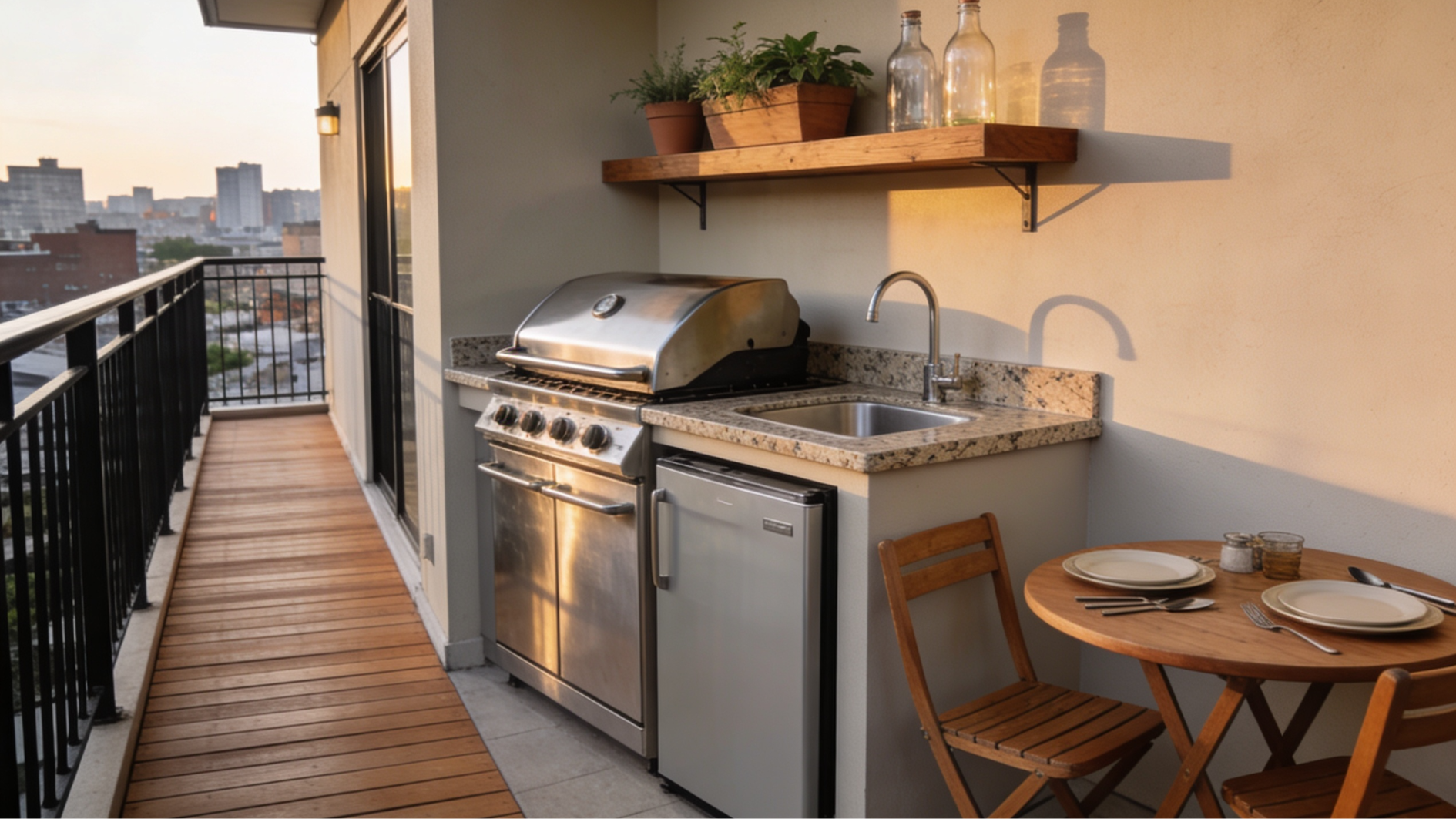 outdoor kitchen with concrete countertop cooking side and tile bar overhang seating area