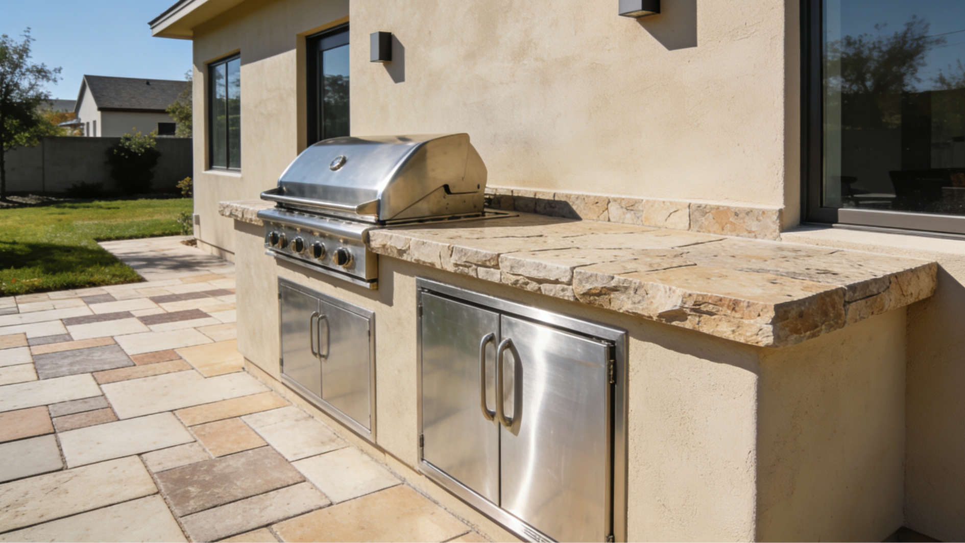 outdoor kitchen with smooth beige stucco exterior finish and built-in grill on a backyard patio