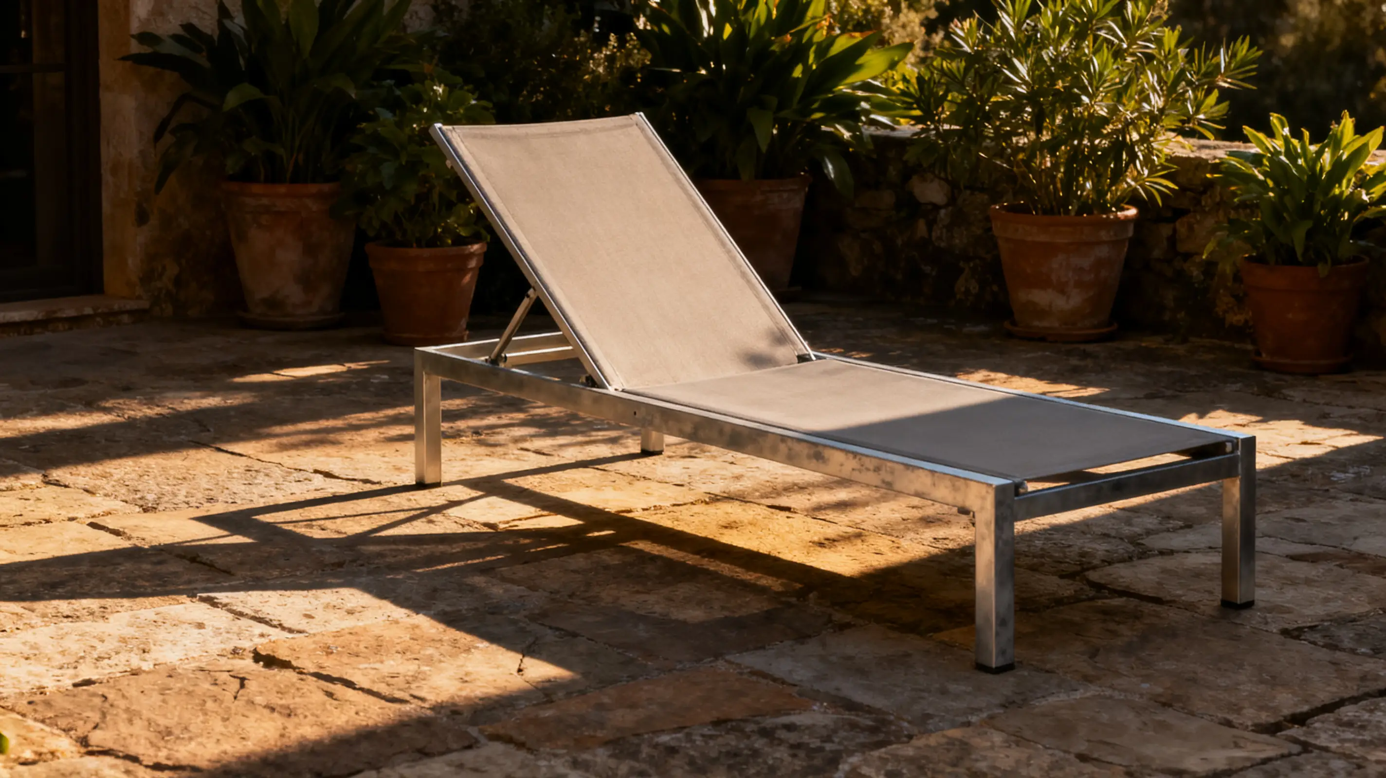 Outdoor lounge chair on stone patio with potted plants in warm sunlight