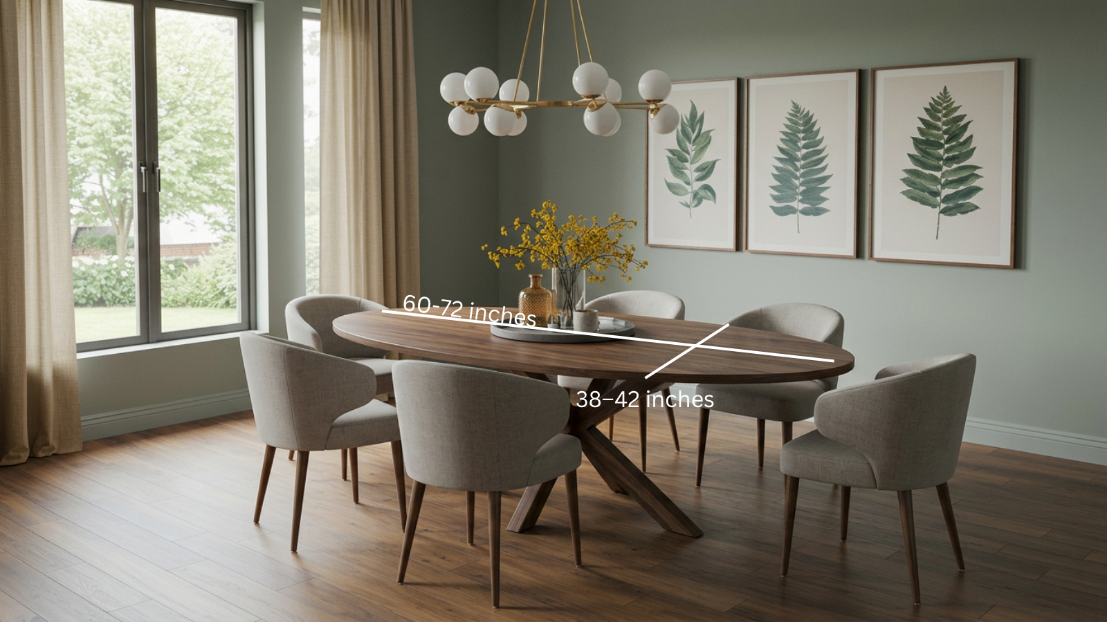 Oval wood dining table with six chairs showing 60–72 inch length and 38–42 inch width labels