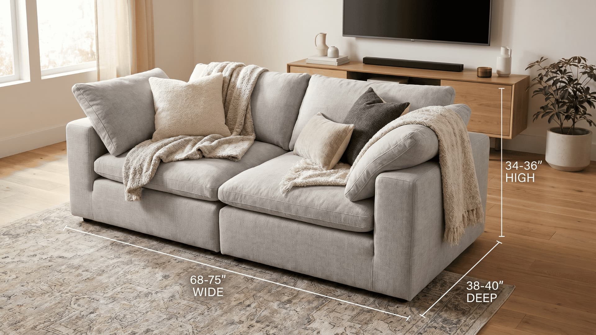 Oversized loveseat with deep cushions and wide armrests in a modern living room setting.