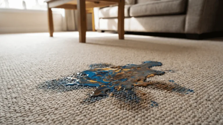 Paint spill on carpet in a living room with soft background elements