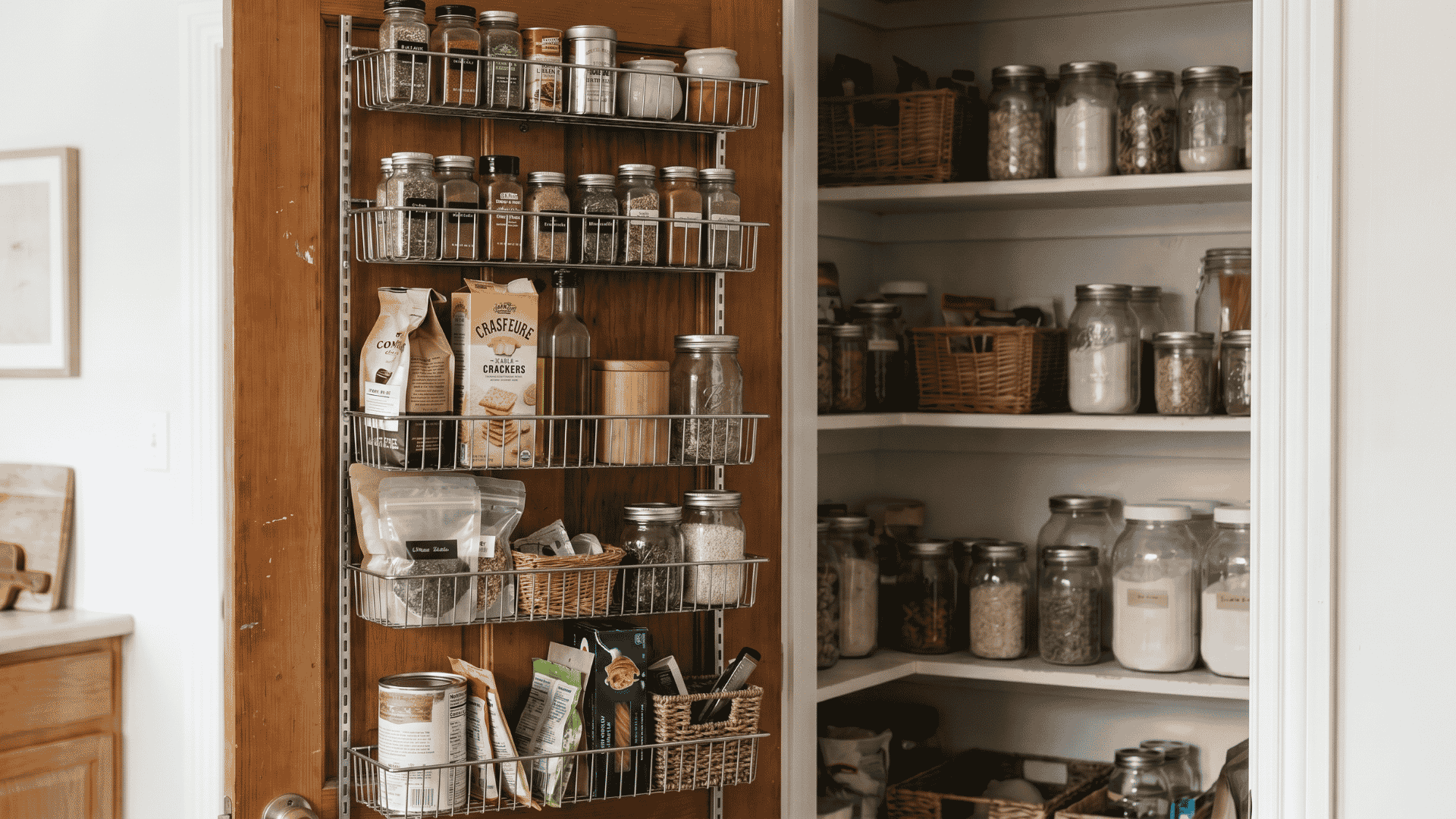 Pantry door with mixed storage racks holding jars, packets, and kitchen containers in varied sizes and spacing