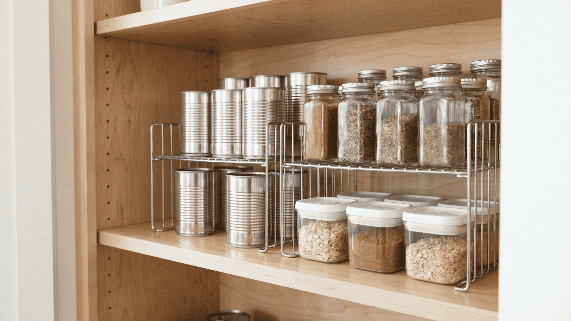 Pantry shelf with stackable risers holding canned goods, jars, and containers in two visible rows