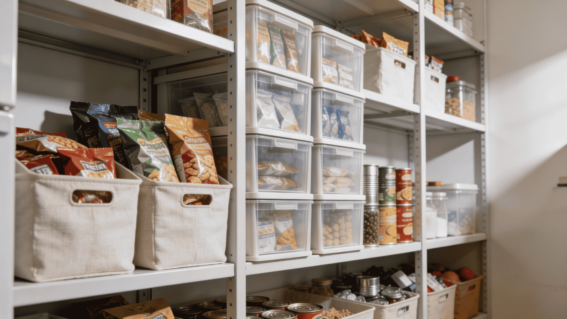 Pantry shelves with stackable storage bins holding snacks, pantry items, and kitchen supplies grouped together