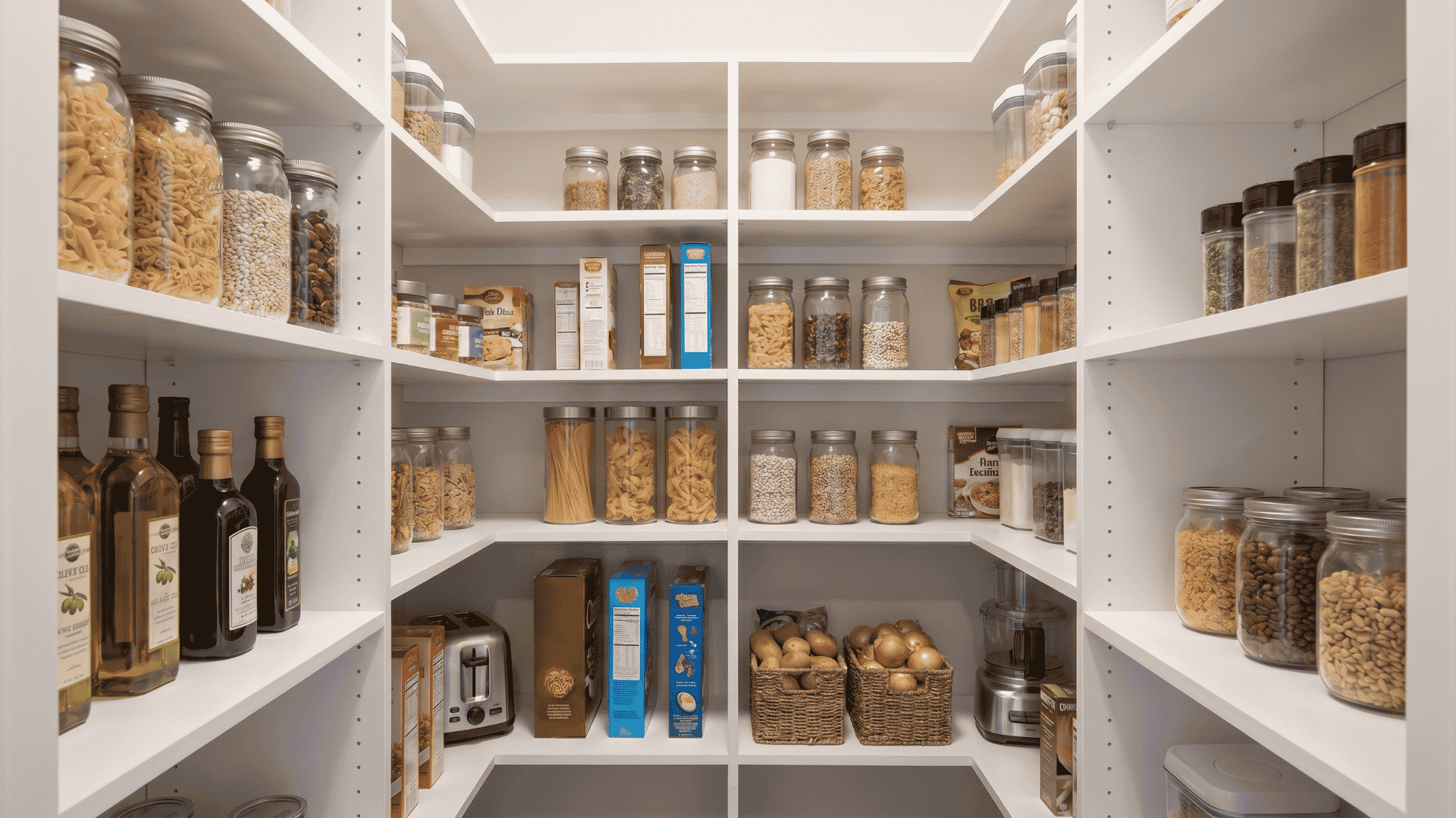Pantry with adjustable shelves spaced for tall bottles, cereal boxes, jars, and small appliances