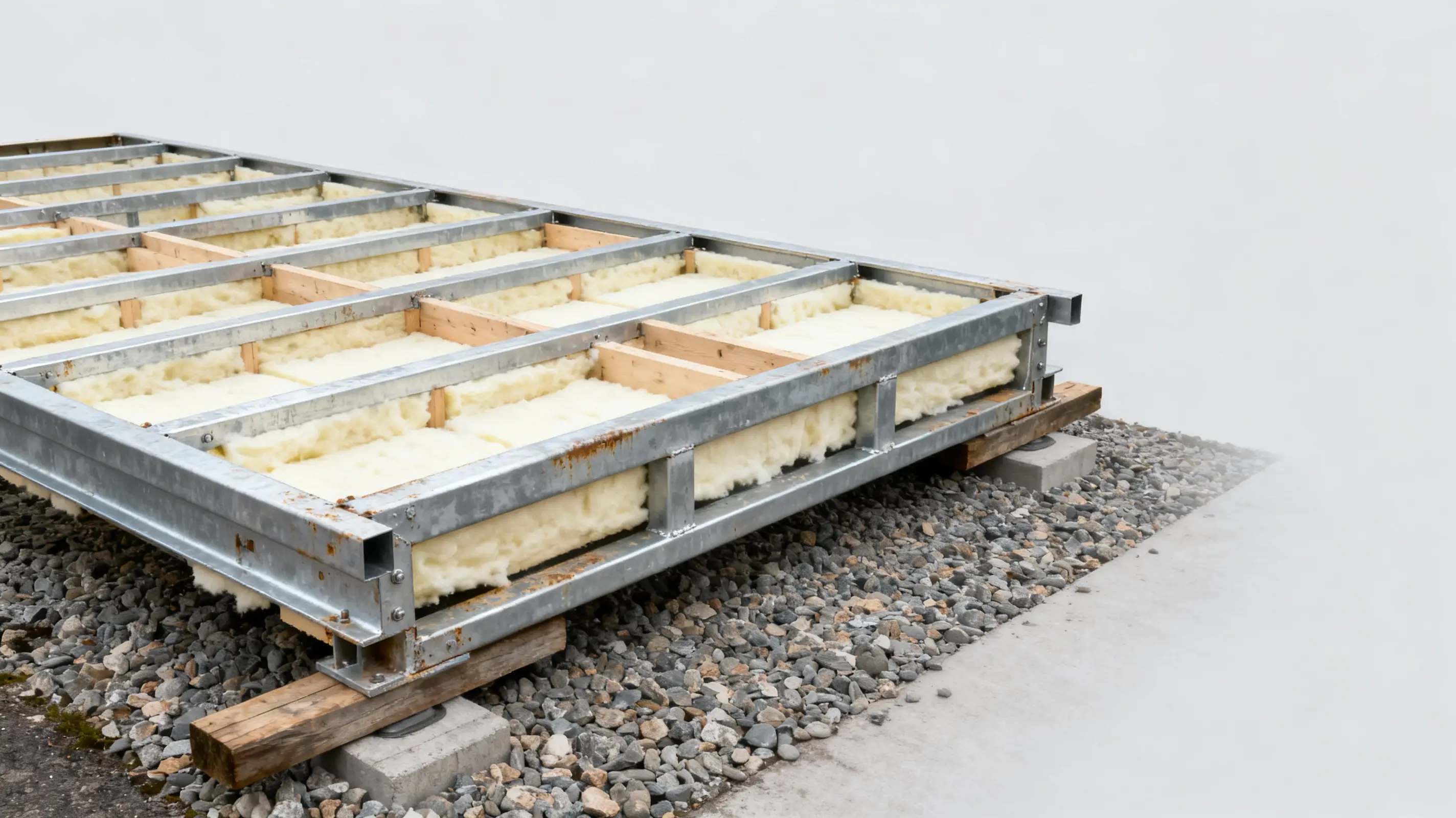 Insulated metal and wood frame structure positioned on gravel outdoors