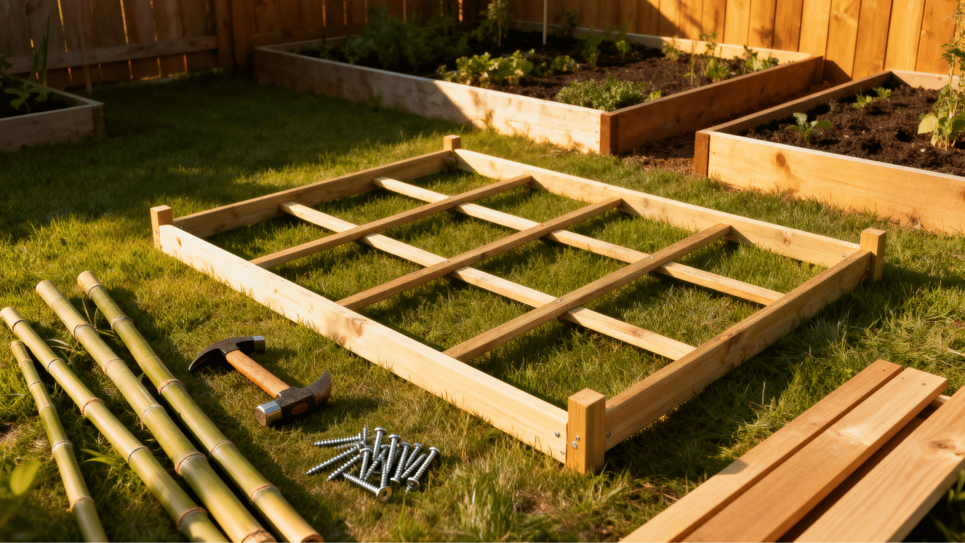 partially assembled wooden diy trellis frame with bamboo poles, screws, and tools in a sunny backyard garden