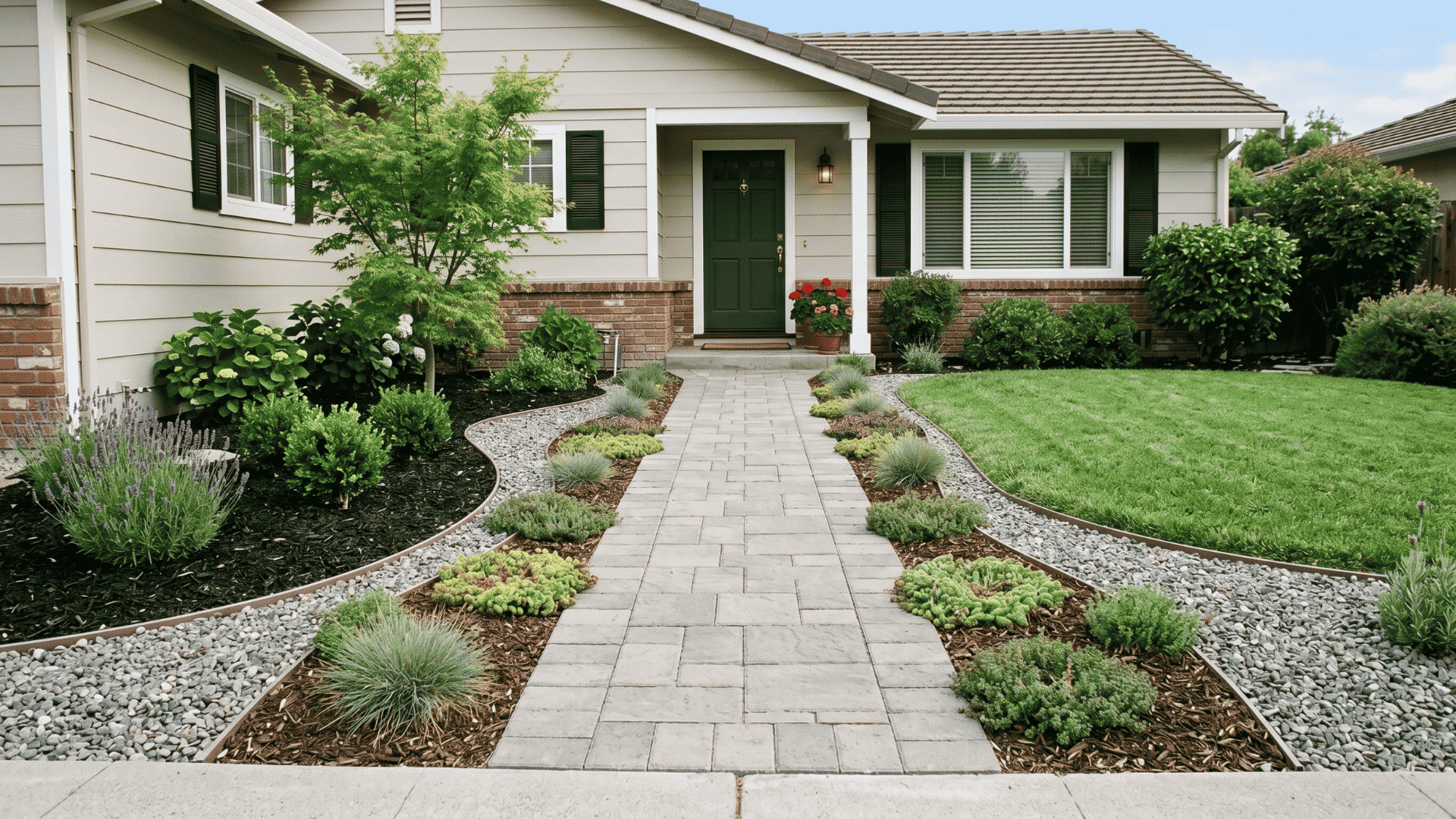 Paver pathway with gravel and ground cover alongside a front door.