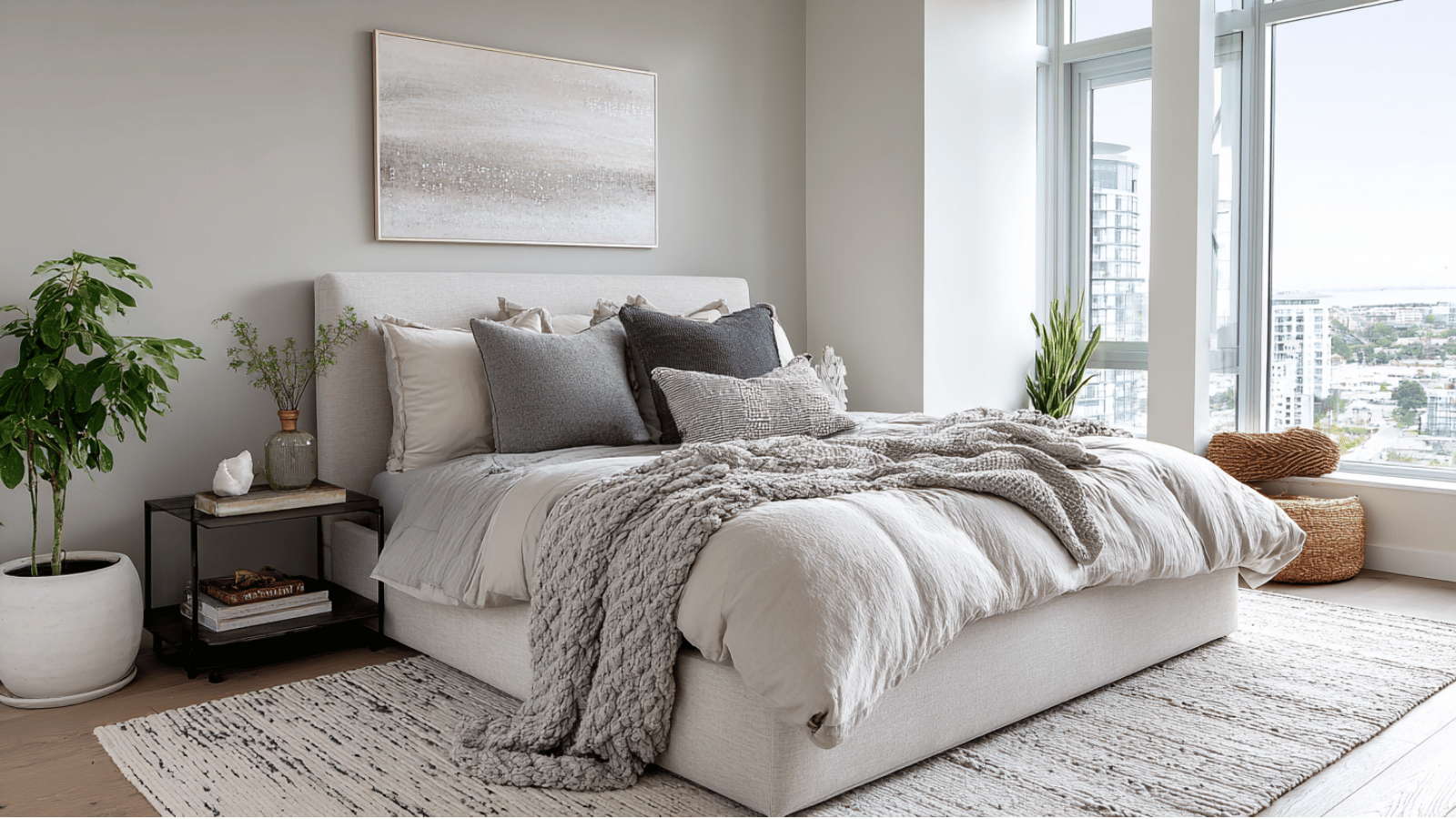 Peaceful bedroom with Agreeable Gray walls, cool-toned bedding, and soft neutral decor