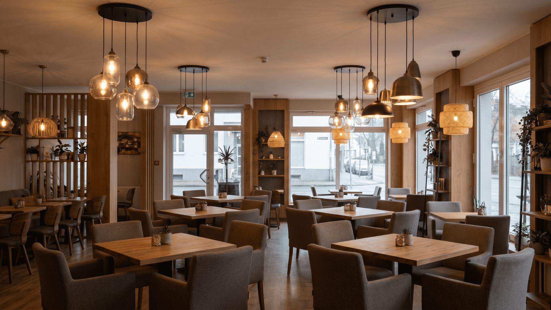 Pendant lights hanging above grouped seating areas inside a cafe