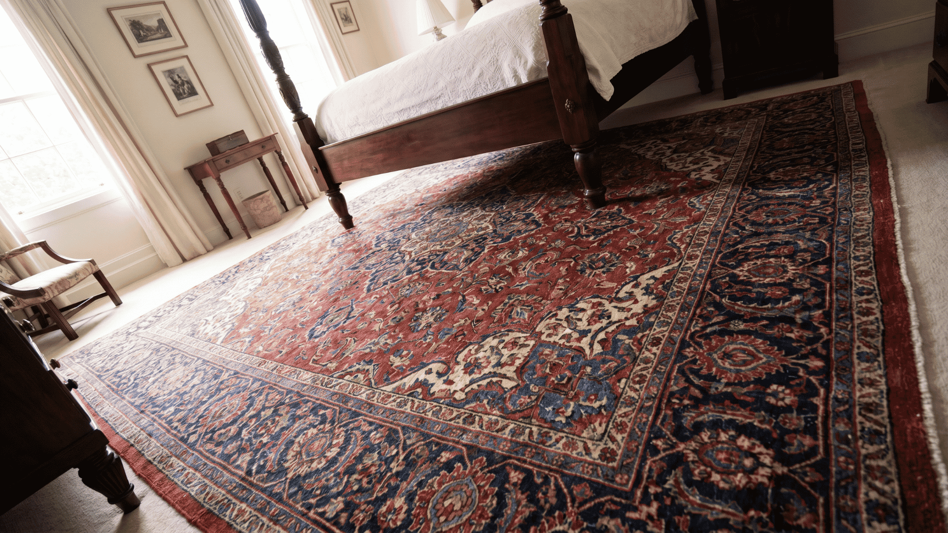 Persian-style rug with detailed pattern placed partly under a bed in a bedroom
