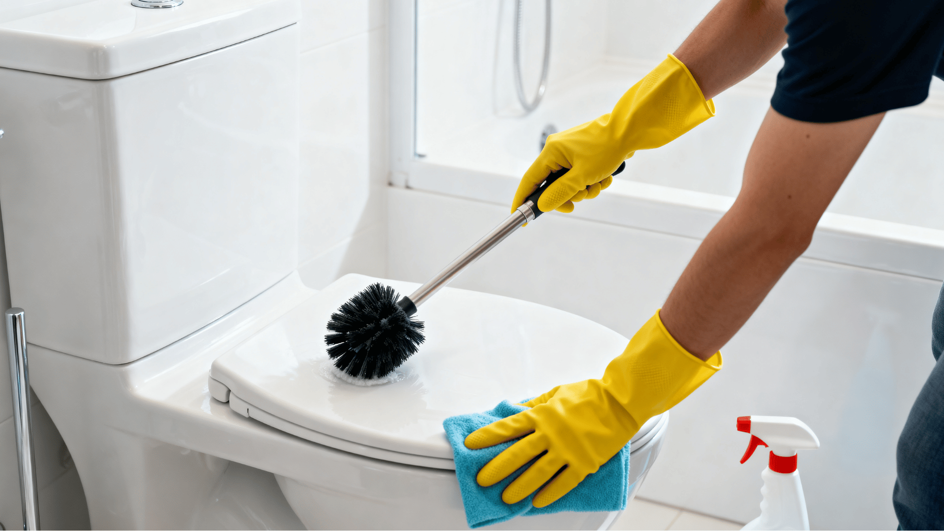 person cleaning a bathroom toilet with a brush and cloth as part of a complete bathroom deep-cleaning routine.
