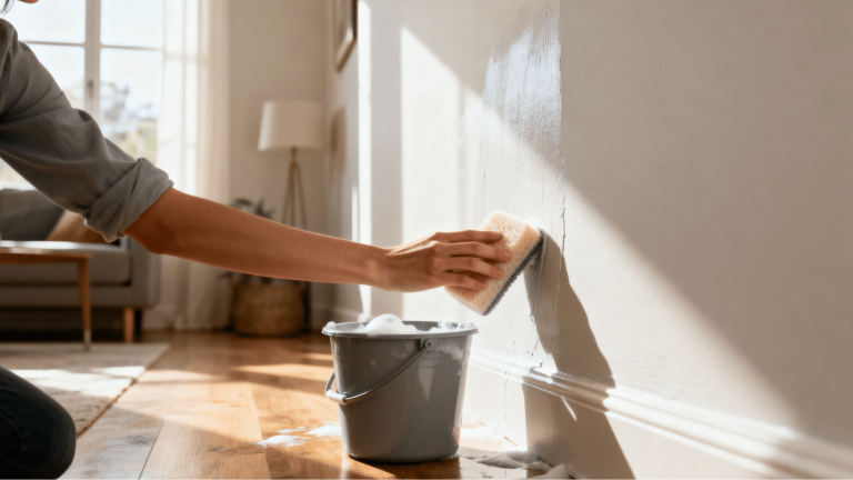 person cleaning a painted wall with a sponge and soapy water in a bright living room, showing a safe wall-cleaning method.
