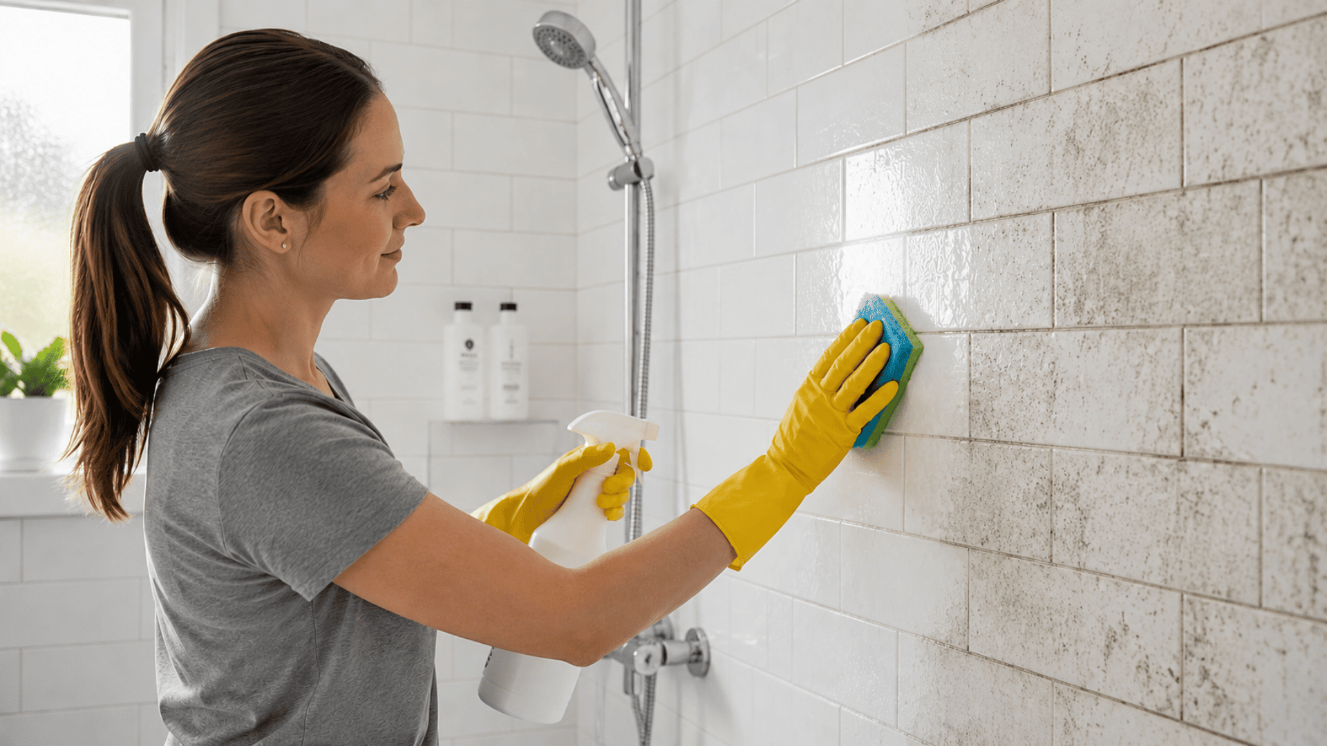 person cleaning shower tiles with spray bottle and sponge
