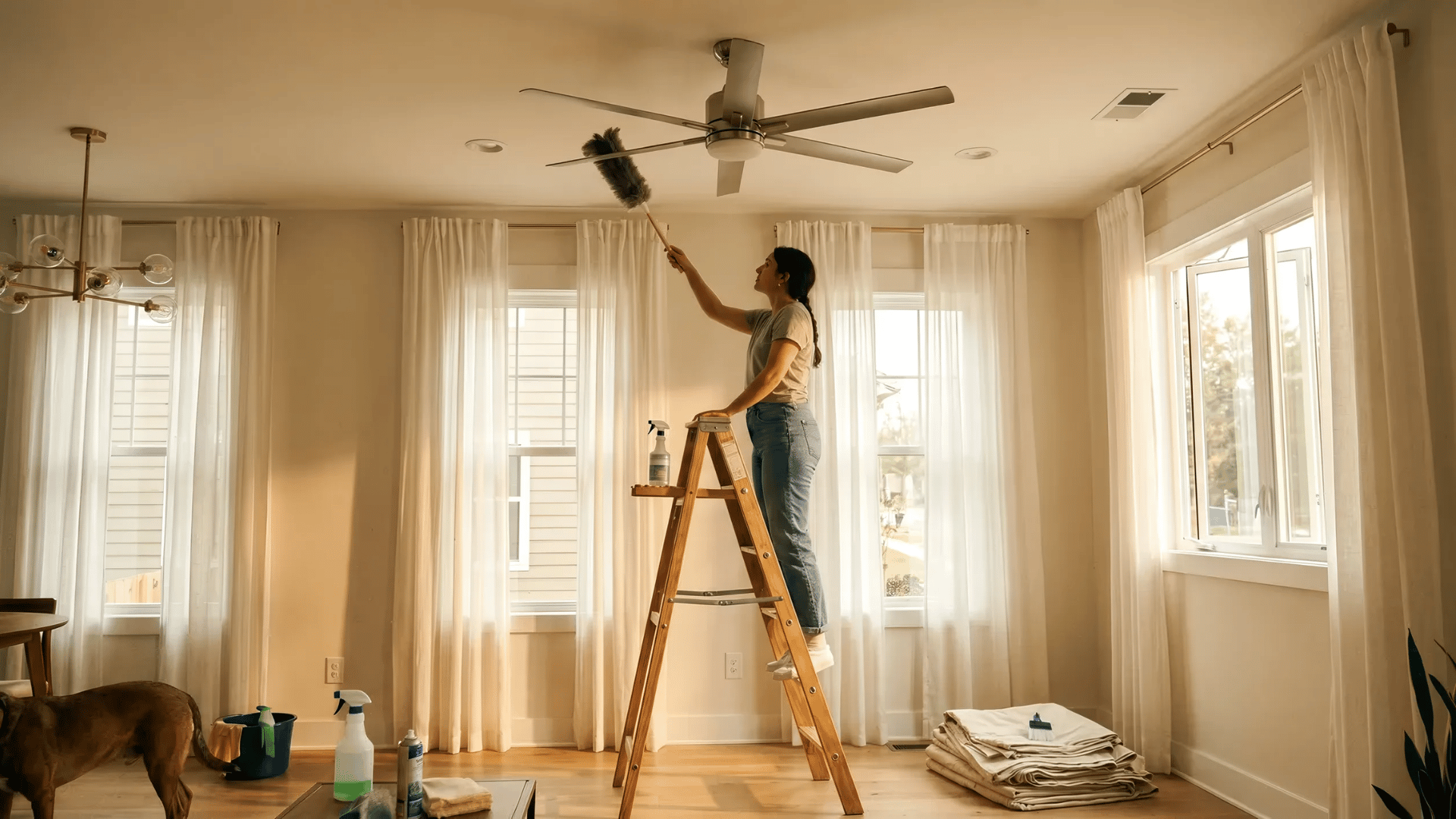 Person on a step ladder dusting a ceiling of a living room. (1)