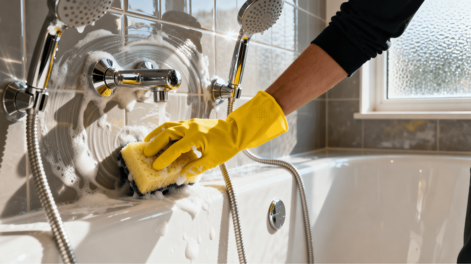 person scrubbing a bathtub and shower wall with a sponge while removing soap scum during bathroom deep cleaning.