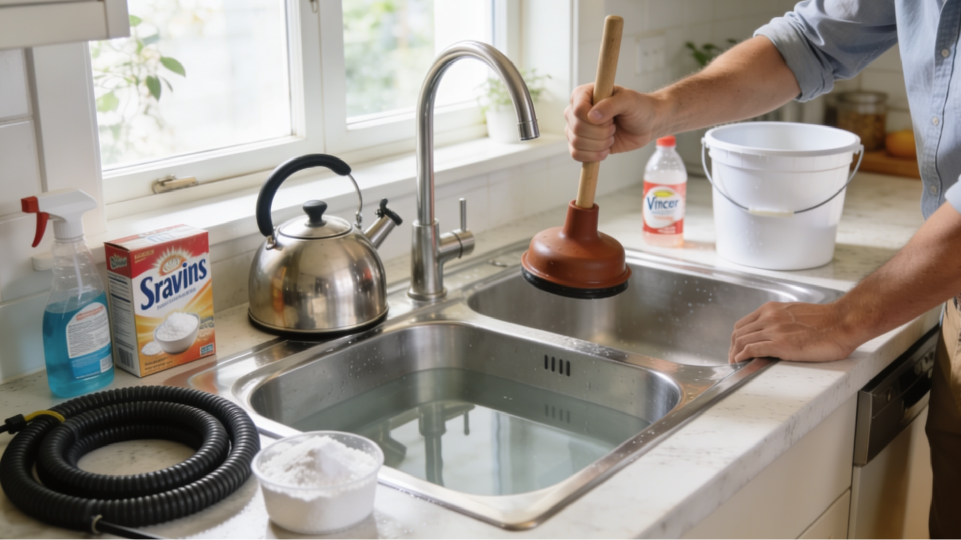 person using a plunger on a clogged kitchen sink with baking soda vinegar and kettle nearby