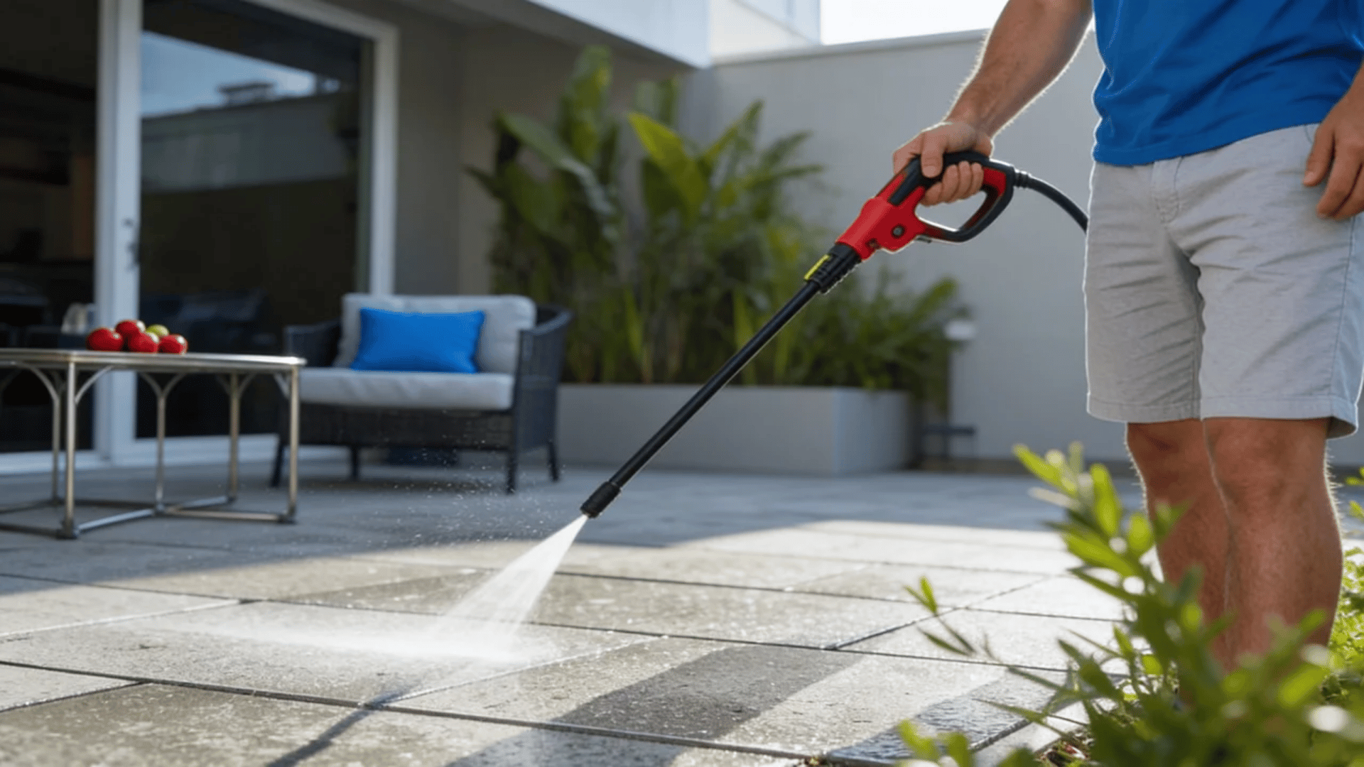 Person using a pressure washer to clean an outdoor patio with tiled flooring.