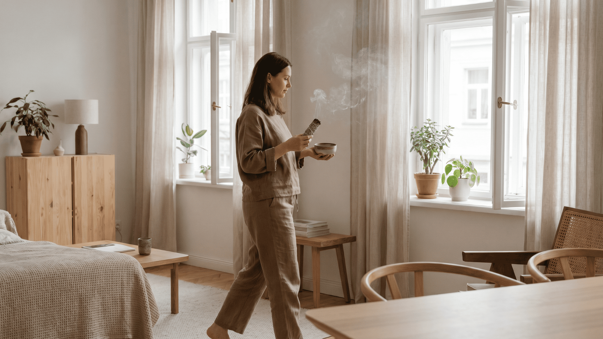 Person walking through a calm home with sage and a ceramic bowl during a cleansing ritual