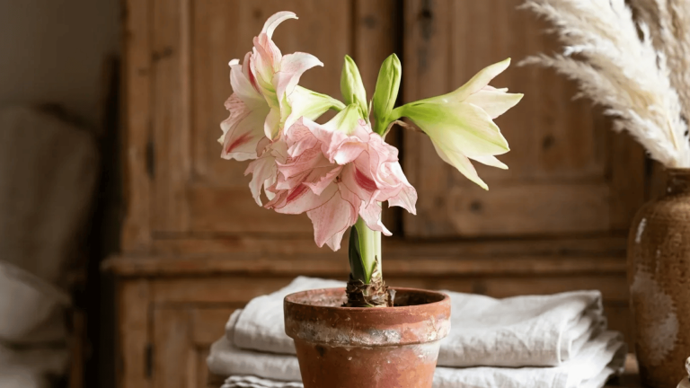 Pink double amaryllis flowers in a clay pot placed on a rustic wooden table indoors.