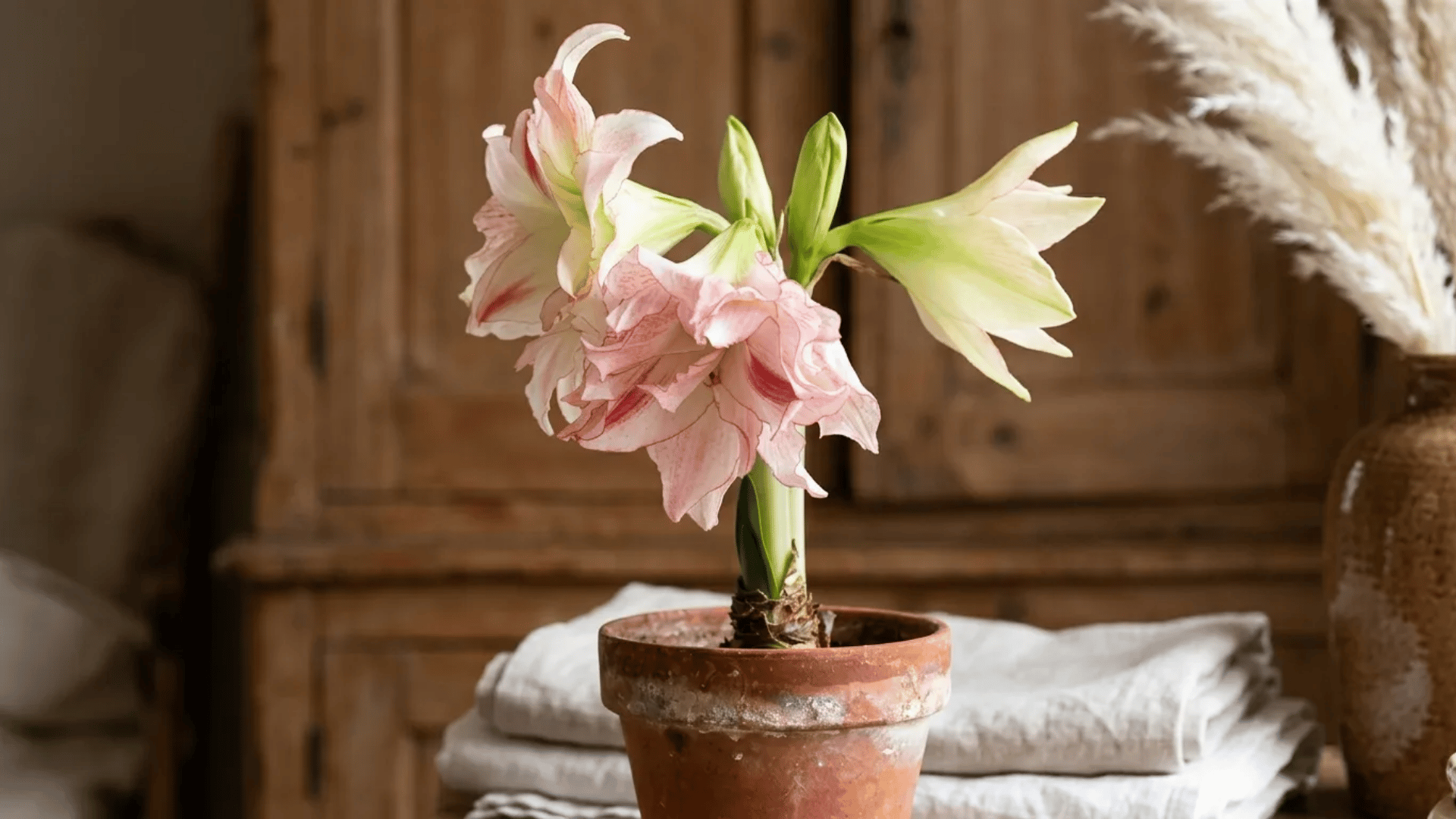 Pink double amaryllis flowers in a clay pot placed on a rustic wooden table indoors.