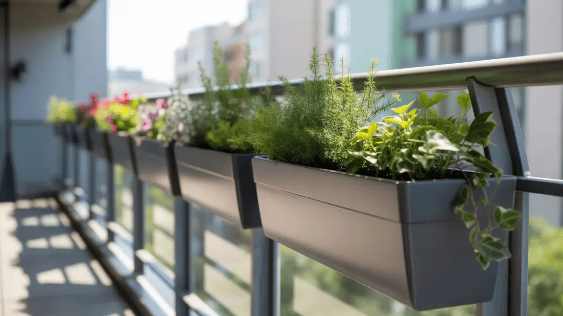 Plant containers attached to a balcony railing with plants growing