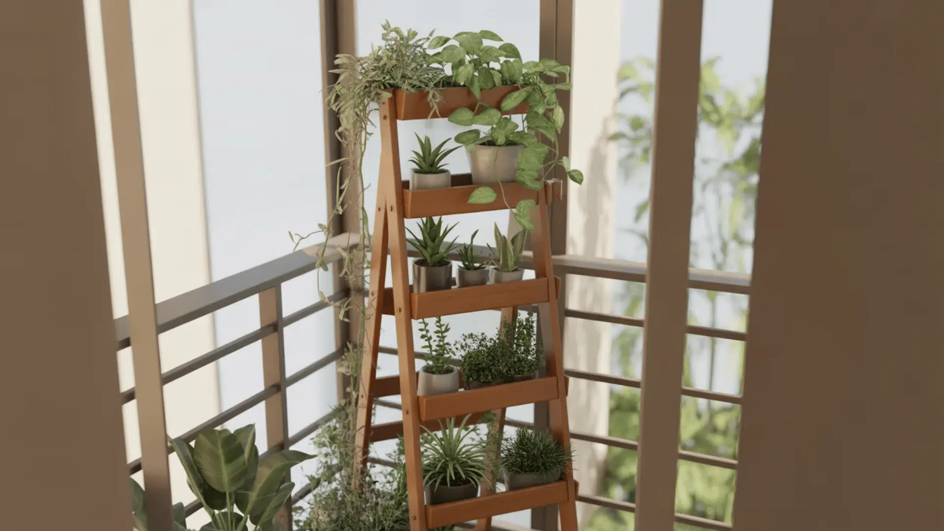Plants arranged on a ladder stand in a compact space