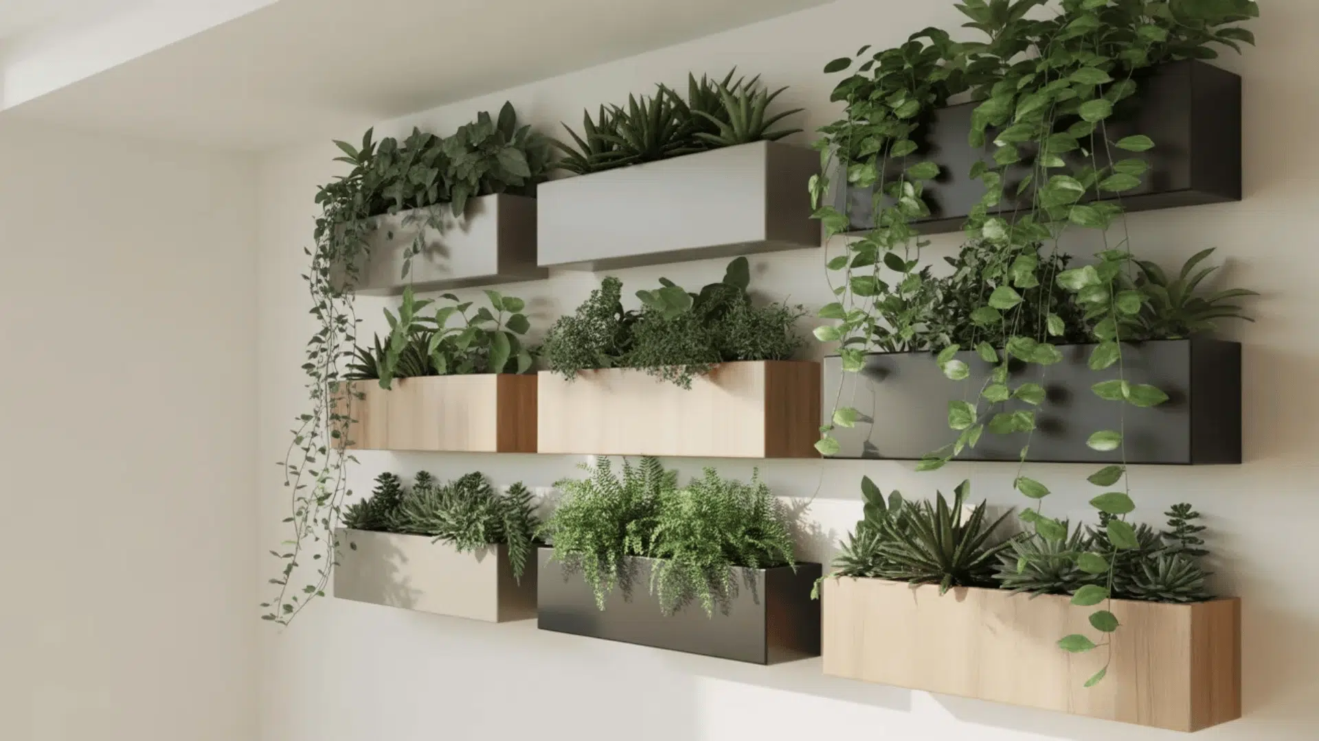 Plants growing in containers mounted on a vertical wall