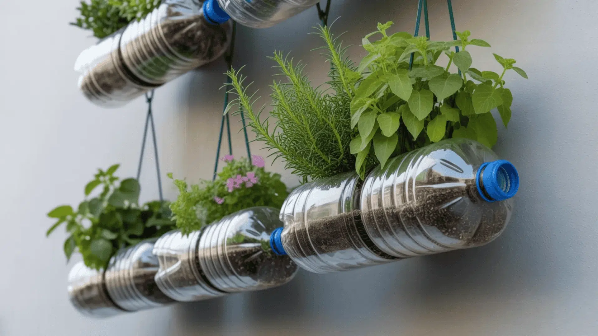 Plants growing in reused plastic bottles arranged in a small space