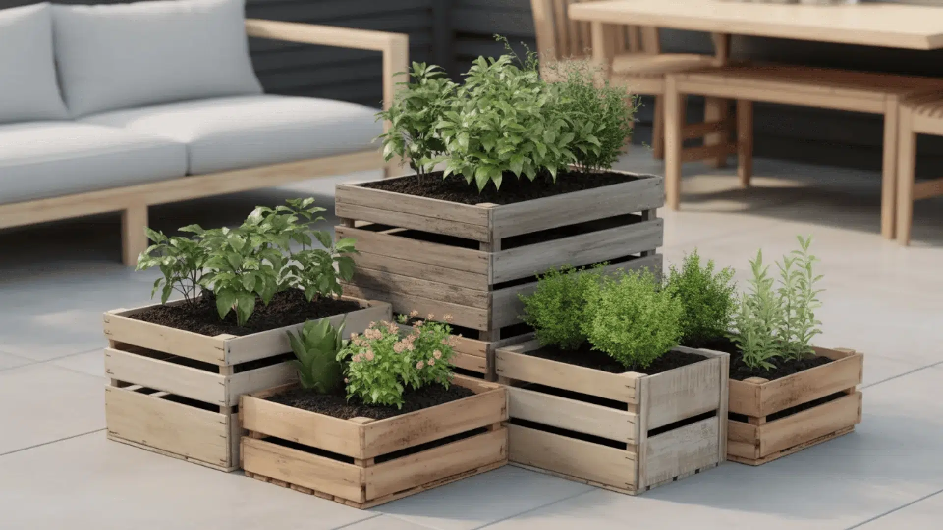 Plants growing in wooden crates placed on a patio