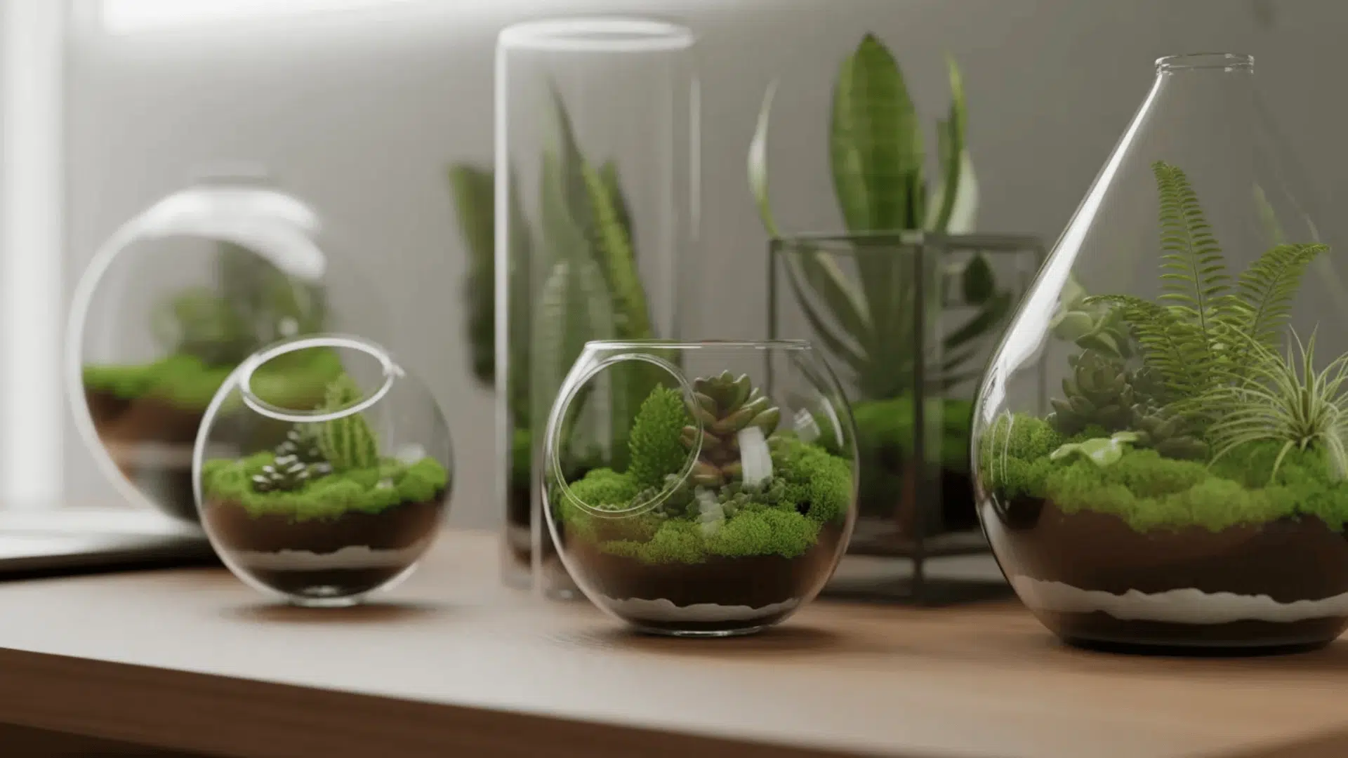 Plants growing inside glass containers placed on a desk