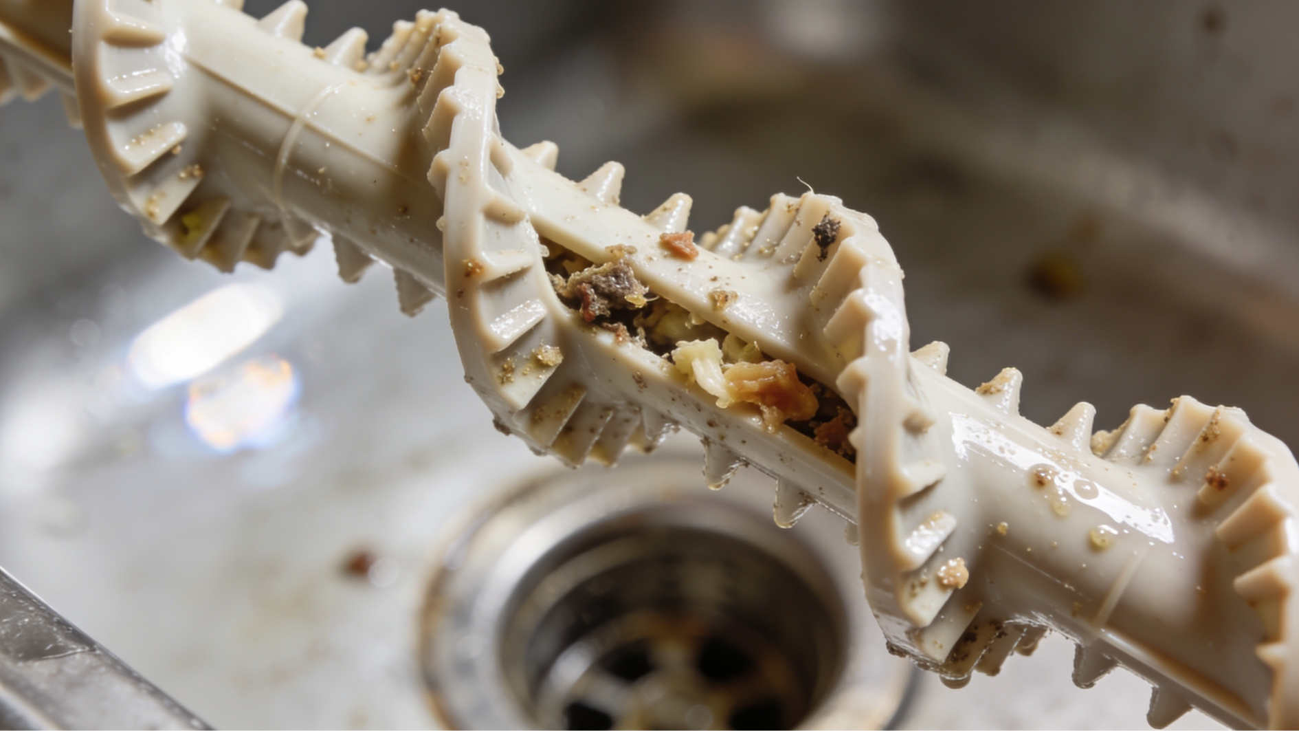 plastic drain cleaning tool pulls food debris from a stainless steel kitchen sink drain