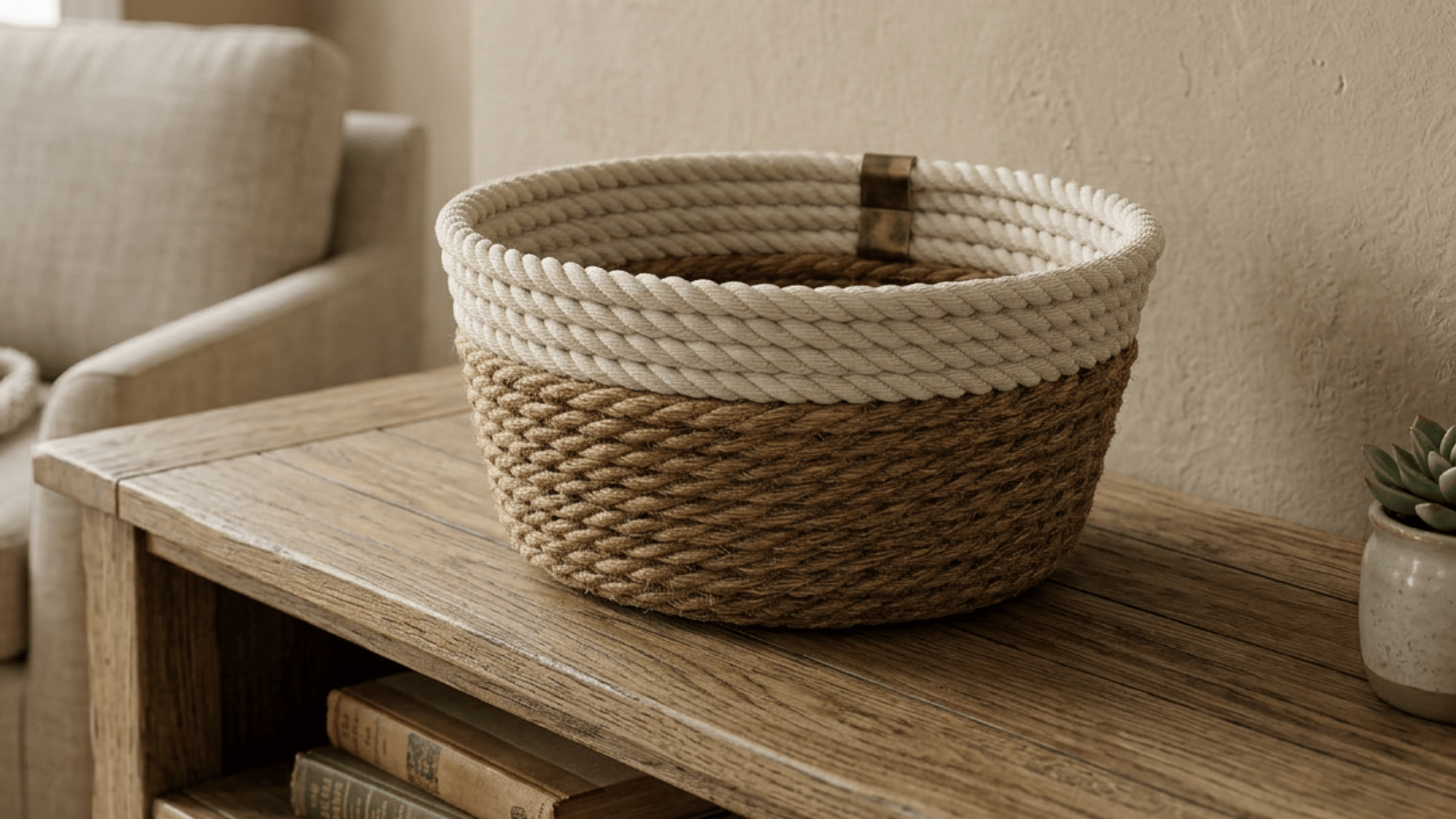 Plastic storage bin wrapped with thick rope to look like a woven basket