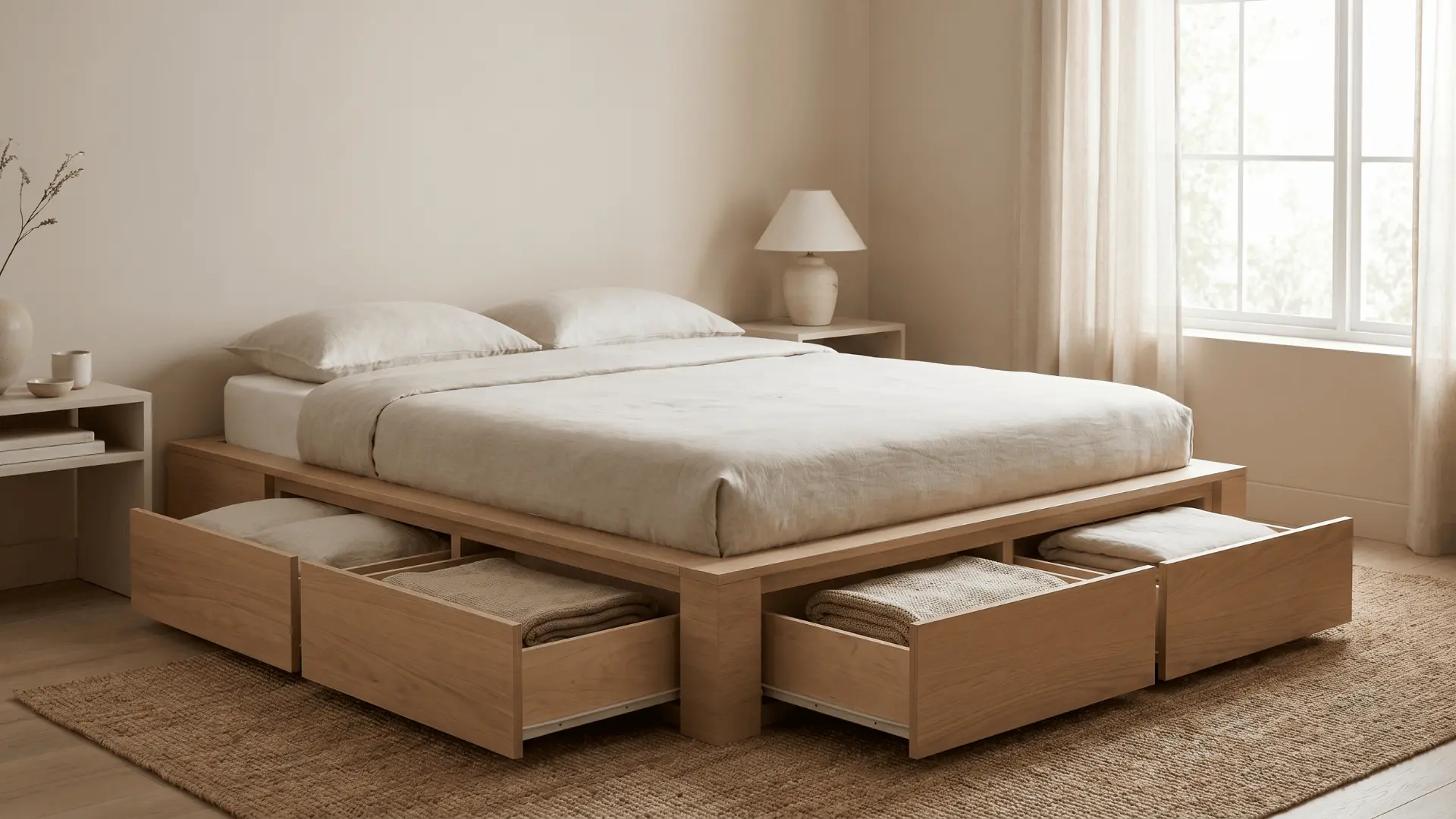 platform bed with built-in storage drawers open on both sides showing folded items insideplatform bed with built-in storage drawers open on both sides showing folded items inside