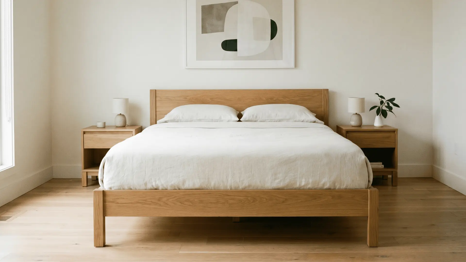 platform bed with simple frame and plain bedding centered in a neutral modern bedroom