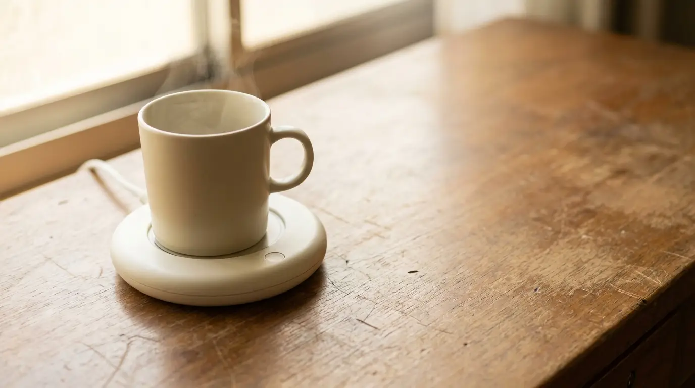 Steaming white mug on electric warmer on wooden table near window