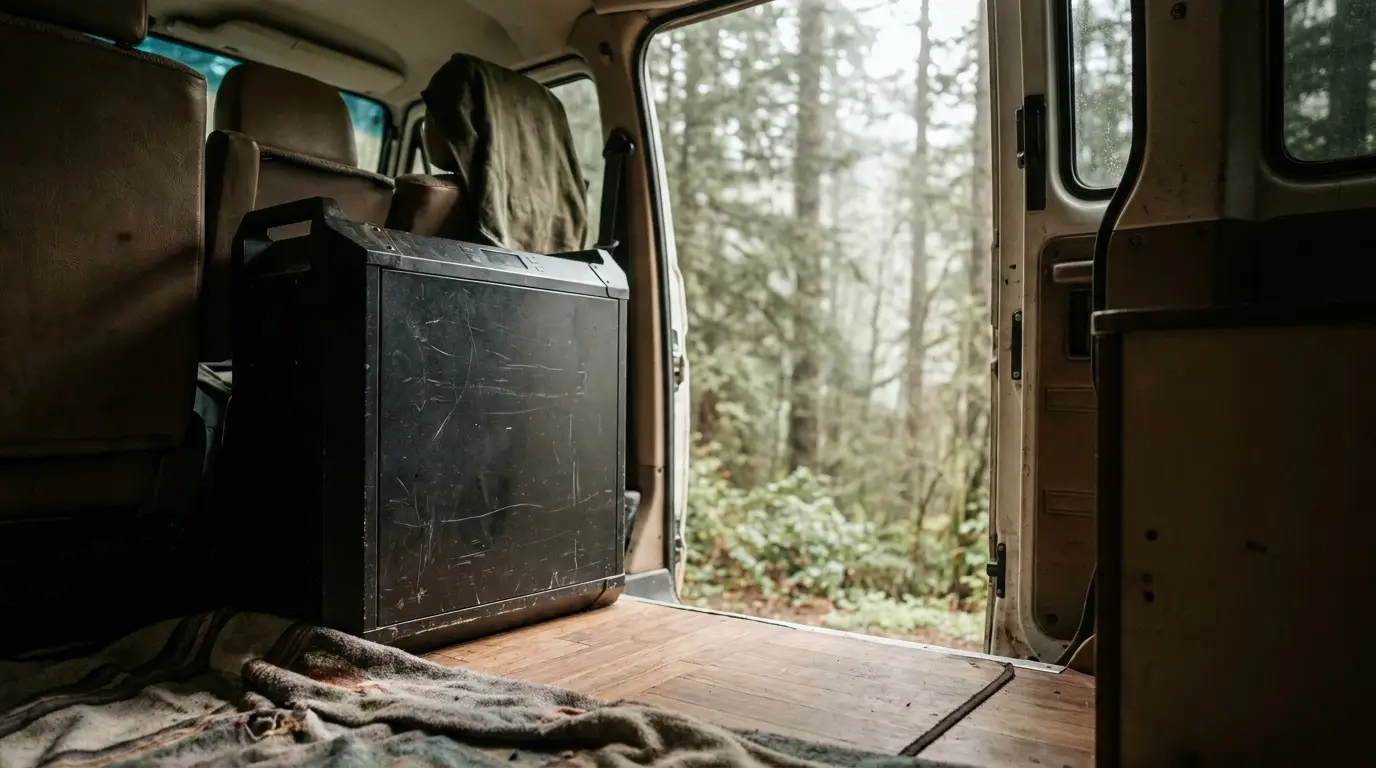 Wood-paneled van interior with a large black speaker, surrounded by forest greenery