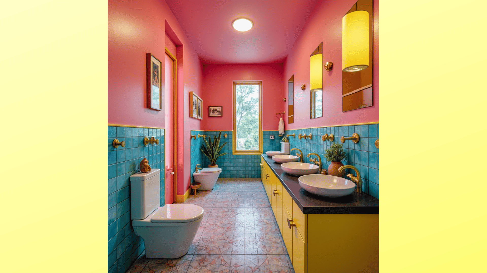 postmodern bathroom with pink walls, blue tile, yellow vanity, gold fixtures, and bold lighting