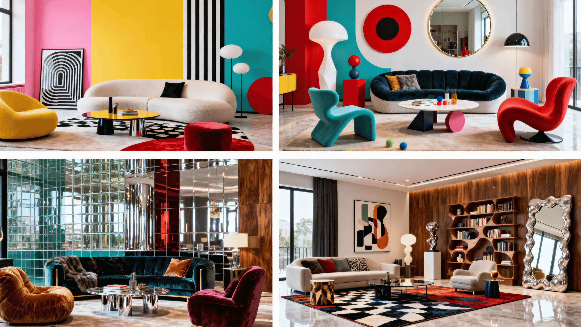 postmodern interior design collage with bold colors, curved furniture, glossy textures, sculptural decor, and artistic lighting