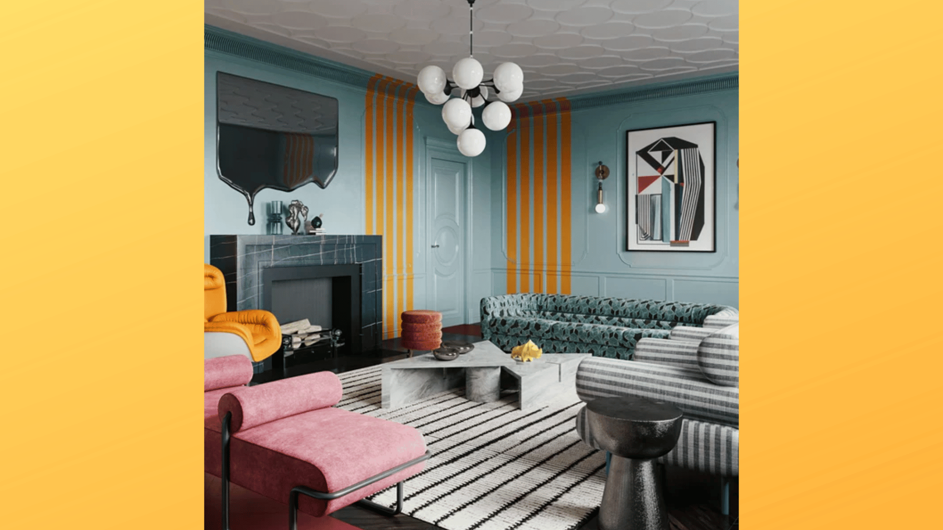 postmodern living room with striped walls, bold seating, patterned sofa, and sculptural lighting