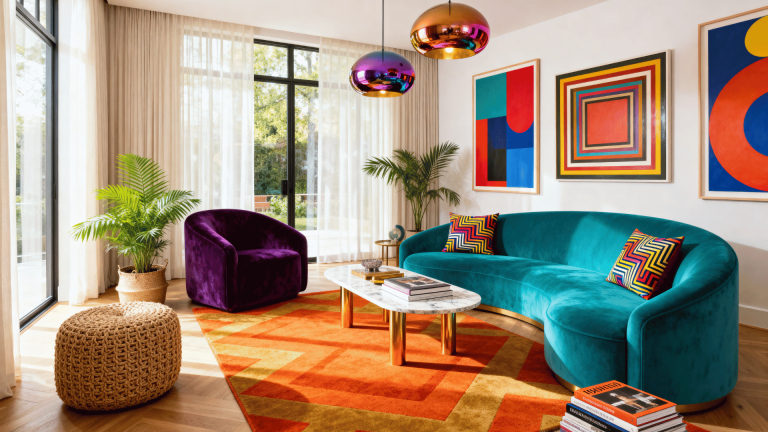 postmodern living room with teal curved sofa, purple chair, bold wall art, sculptural lights, and geometric rug