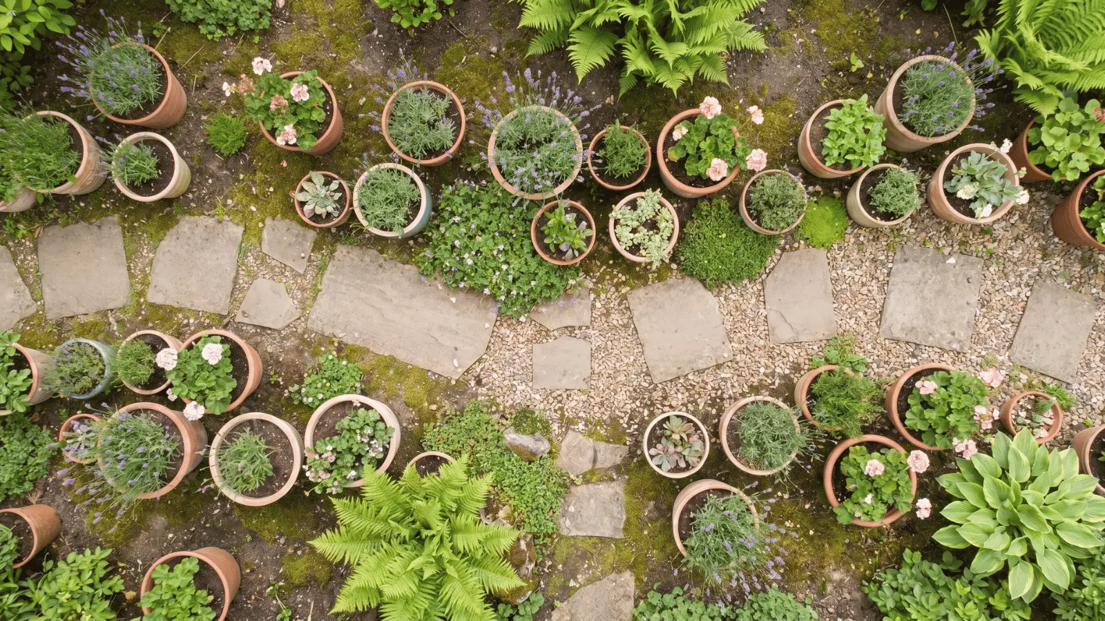 Pots with flowers and leafy plants along a garden pathway