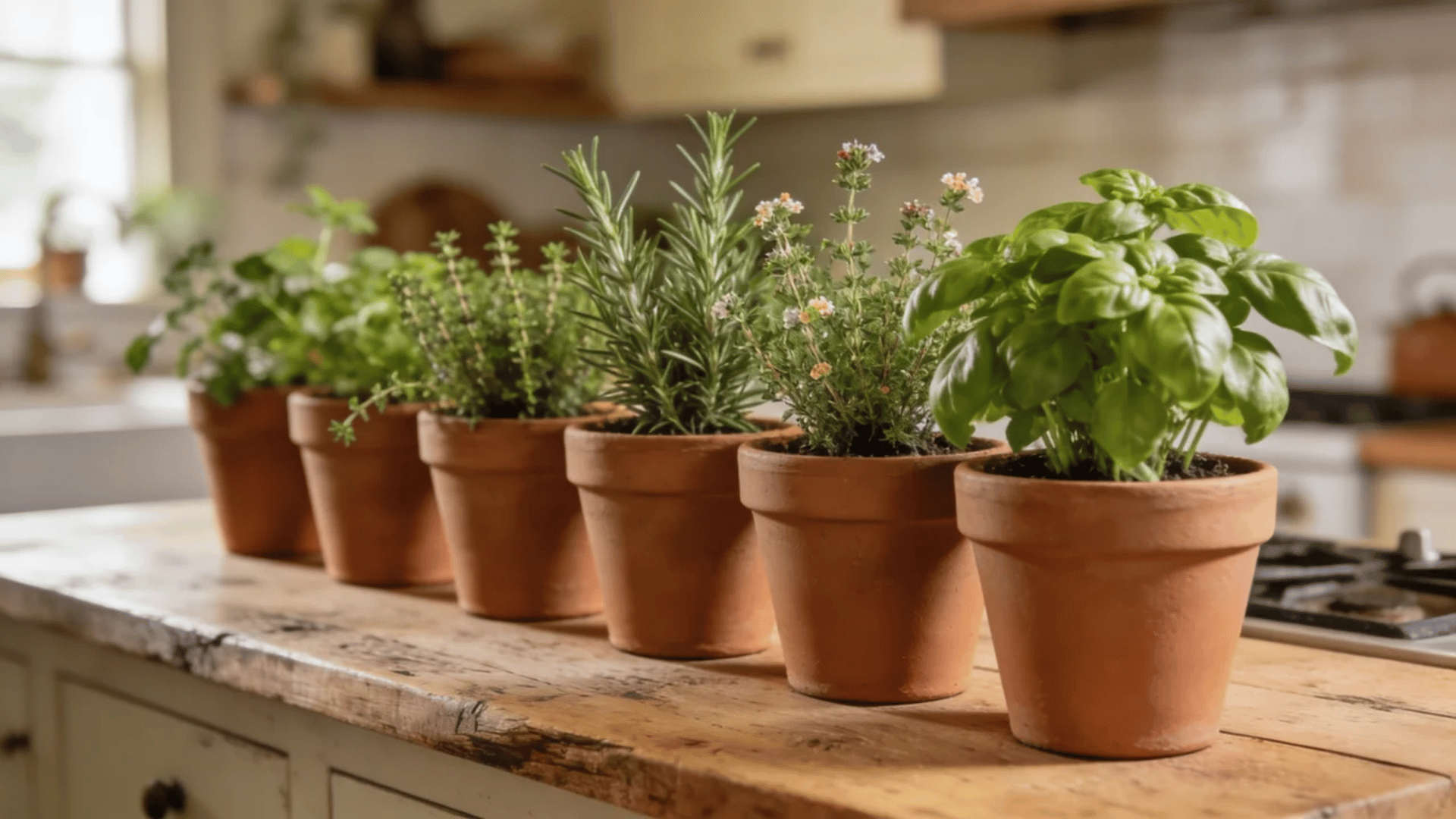 Potted kitchen herbs lined up on a wooden countertop in a bright home kitchen.