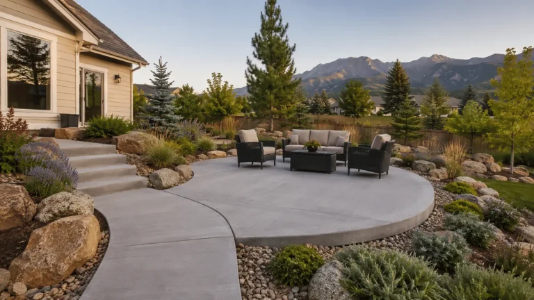 Spacious backyard patio with outdoor furniture and landscaping against mountain backdrop